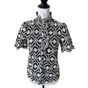 Sezane Dahlia Shirt Blouse Blue Embroidered Button Down Short Sleeve Size 34